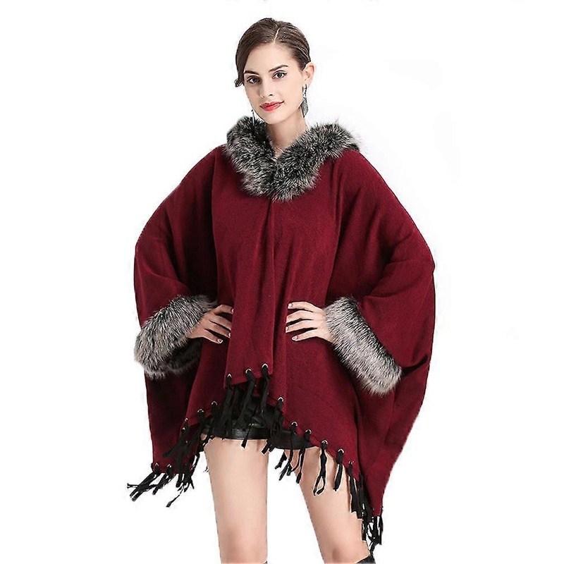 Knitting Hoodie Pullover Shawls with Faux Fur Trimming Colloar Crochet Poncho with Tassel for Lady | Fruugo SG