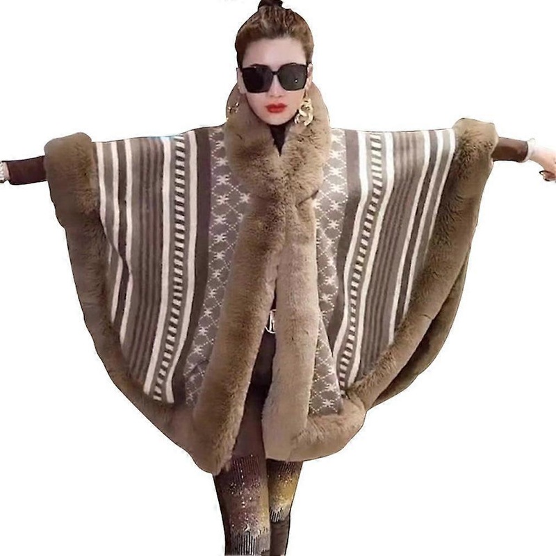 Loose Jacquard Hoodie Blanket Shawls with Faux Fur Trimming Colloar Crochet Cape for Lady | Fruugo SG