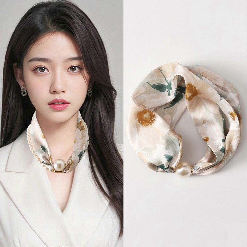 Neck Decorative Satins Scarf for Women’s Magnetic Buckle Pearls Chain Necklace Silk Flroal Scarf Neckerchief Accessories | Fruugo SG