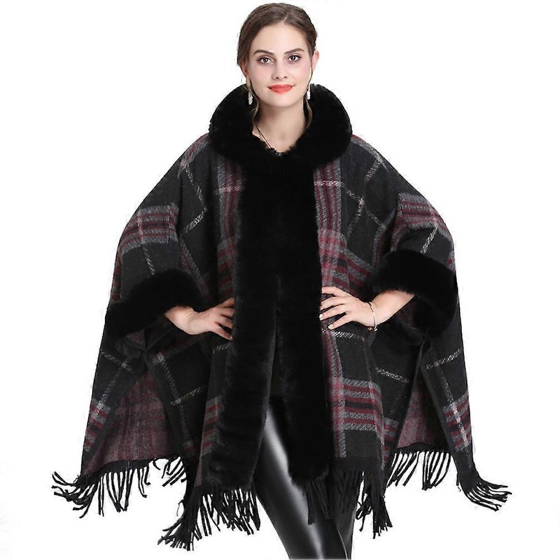 Plaid Loose Warm Shawls with Faux Fur Trimming Elegant Cape with Tassel for Lady | Fruugo SG
