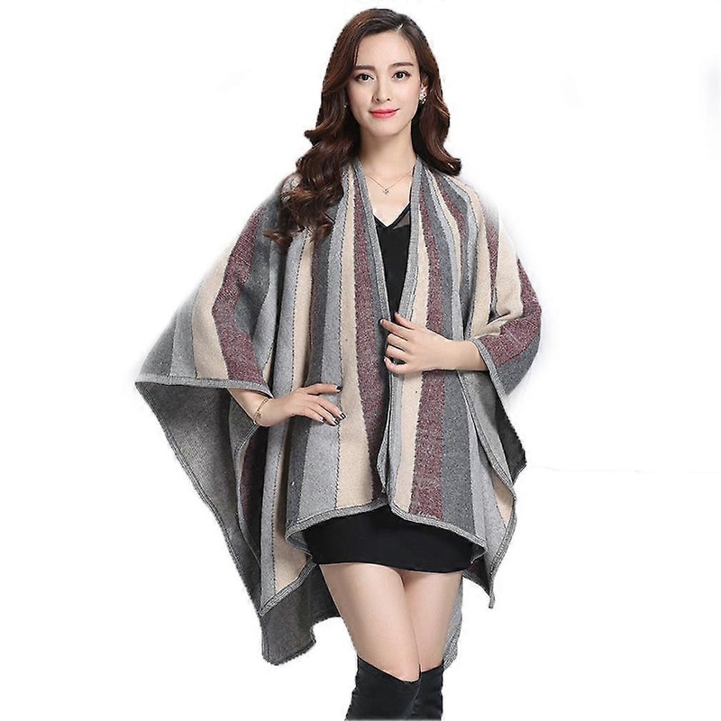 Stripes Mid-Long Shawls Loose Warm Cardigant for Lady | Fruugo SG