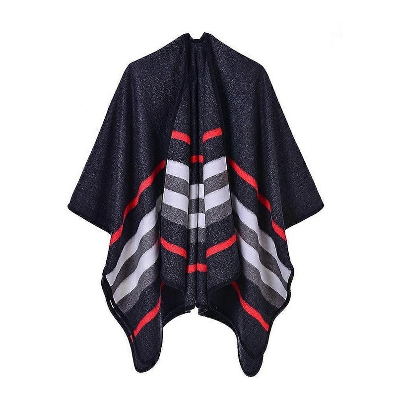 Warm Poncho with Strips Pattern Thicken Shawl Wrap Open Front Long Winter Sweater Coat for Lady | Fruugo SG