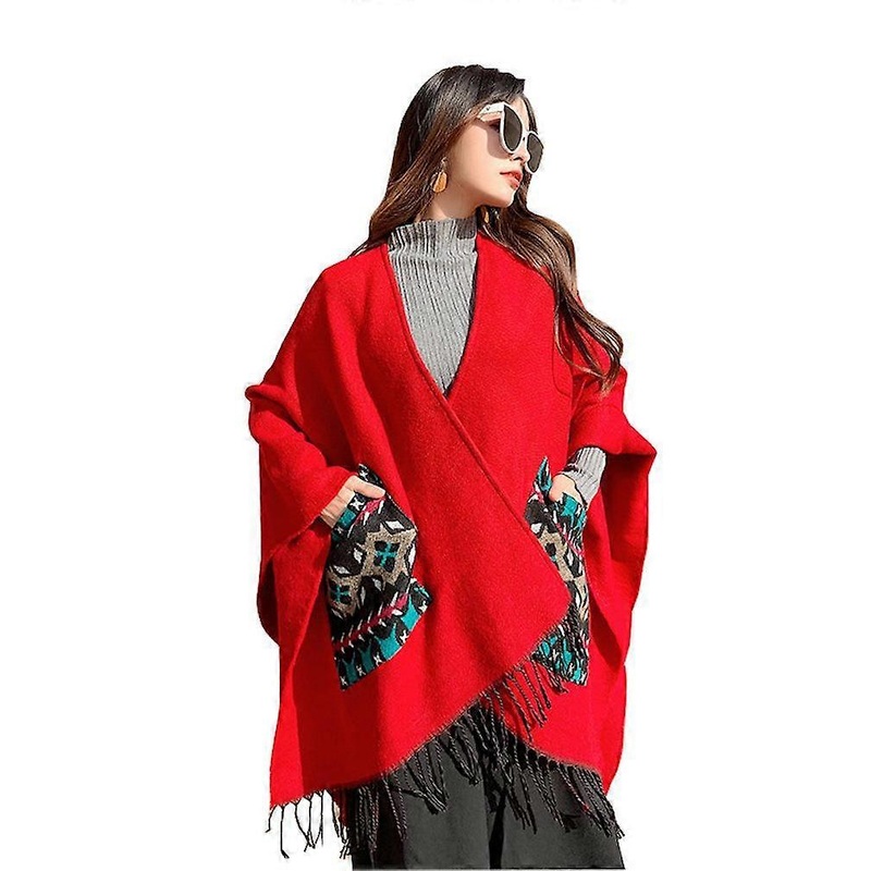 Warm Shawl Wrap with Pocket Open Front Poncho Pashmina Scarf with Tassel for Lady | Fruugo SG