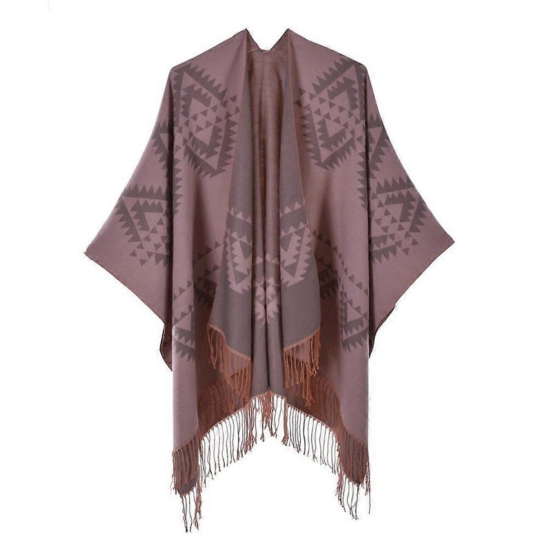 Fringed Hem Pashmina Shawl Wrap Winter Warm Ethnic Style Poncho Open Front Cape with Geometric Pattern for Lady | Fruugo SG