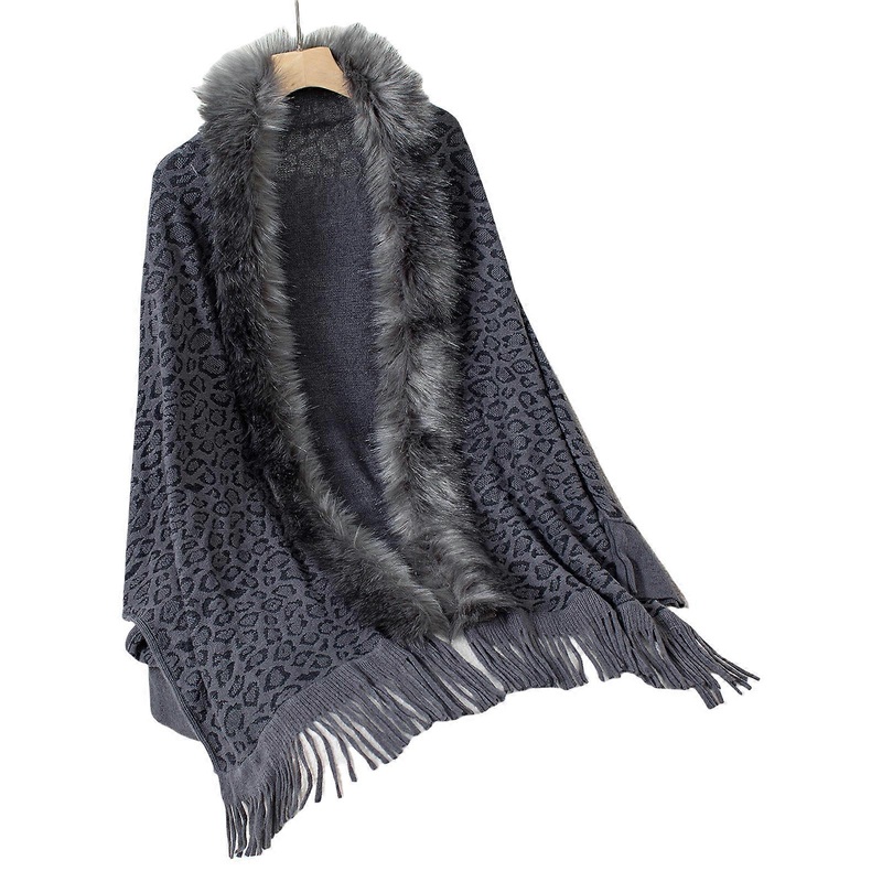 Autumn Knit Leopard Cardigan for Women Long Batwing Sleeve Loose Open Front Sweater Ponchos Furry Collar Shrug Shawl  Gray | Fruugo SG