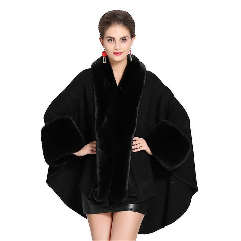 Black Warm Wraps Shawls with Faux Fur Trimming Long Sleeve Cardigan for Lady | Fruugo SG