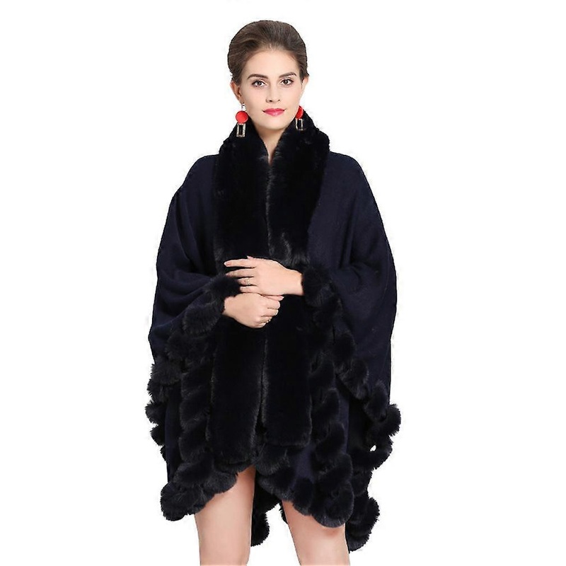 Long Sleeve Wraps Shawls Winter Warm Cape with Faux Fur Trimming for Lady Black | Fruugo SG