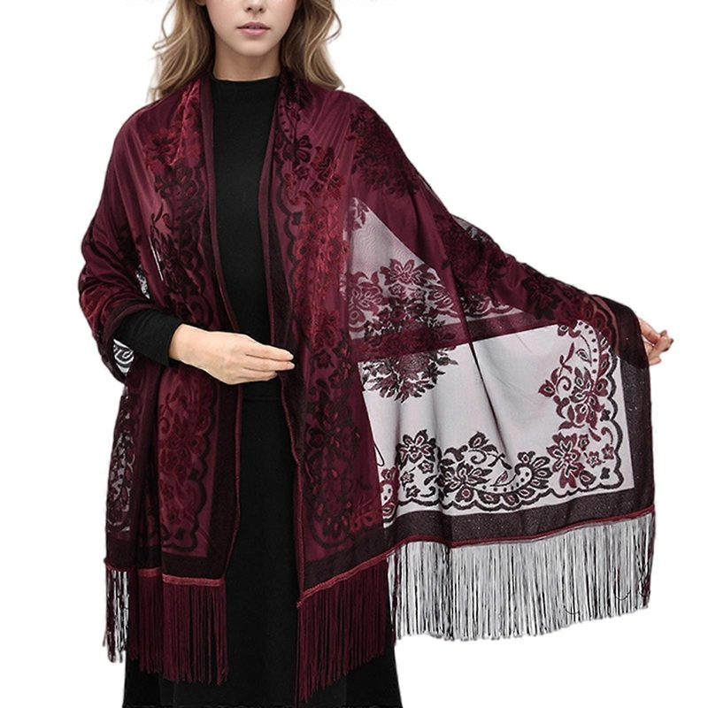 Luxurious Shawl for Women Evening Dress Shoulder Wrap Multifunctional Long Fringed Neck Scarf with Embroidery  wine red | Fruugo SG