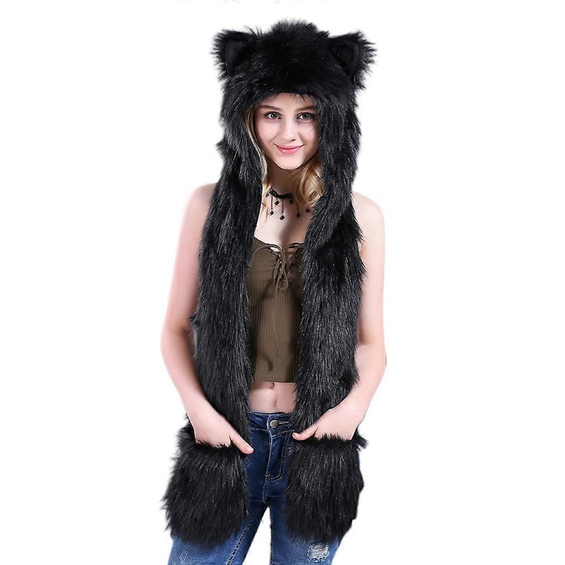 Winter Faux Fur Plush Hood Hat Scarf and Gloves Mittens 3 in 1 Cute Animal Ears Long Hooded Shawl Wrap for Women Girls  all black | Fruugo SG