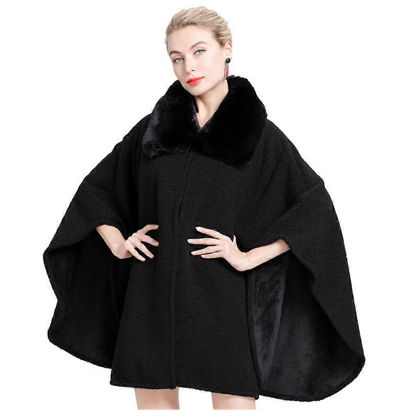 Black Loose Shawls with Faux Fur Trimming Collar Woolen Cloth Cape Warm Cardigant for Lady | Fruugo SG