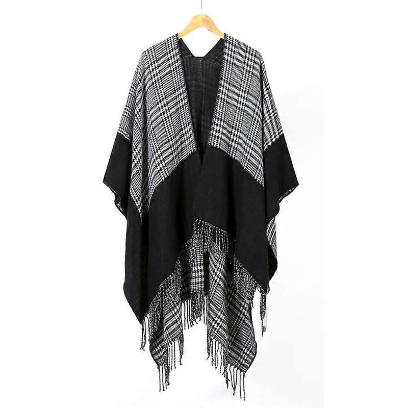 Black Plaid Hoodie Cape Lovers’ Poncho Loose Warm Cardigant | Fruugo SG