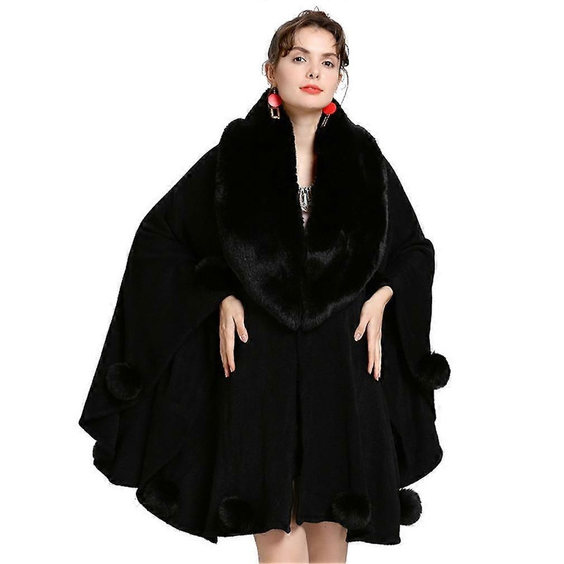 Black Warm Wraps Shawls with Faux Fur Trimming Loose Cardigan for Lady | Fruugo SG