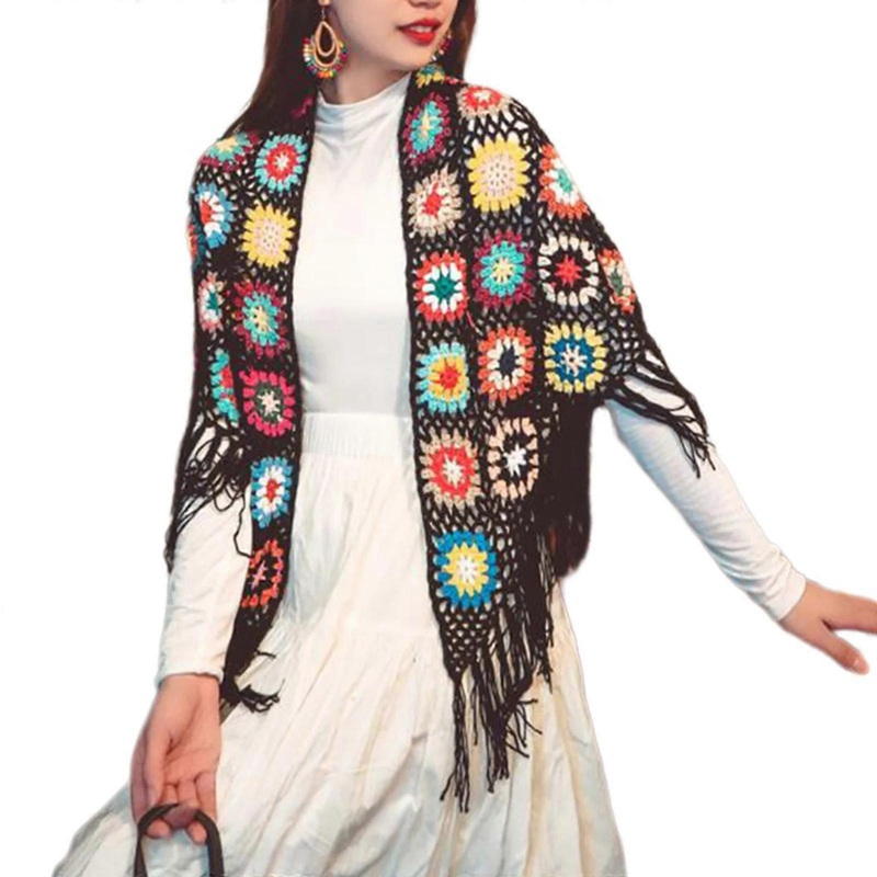 Ethnic Fringed Shawl Cloak Crocheted Cape Ponchos for Travelling Bohemian Style Cape Sweater for Women Fashion Jumpers  Black | Fruugo SG