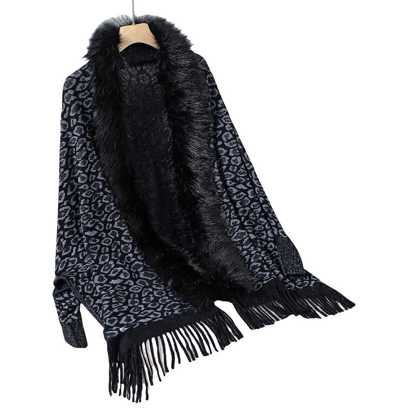 Fashion Women Knit Leopard Shawl Cardigan Shrug Batwing Sleeve Open Front Furry Collar Tassels Sweater Ponchos Outerwear  Black | Fruugo SG