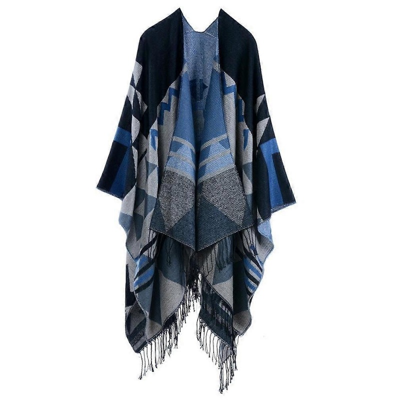 Fringed Hem Poncho Ethnic Style Thicken Shawl Wrap Open Front Long Winter Sweater Coat for Lady | Fruugo SG