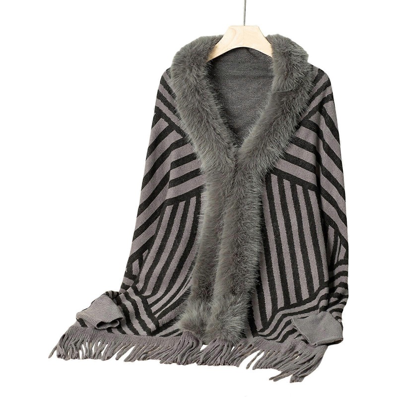 Knit Striped Batwing Sleeve Shawl Wrap Open Front Sweater Ponchos for Women Winter Fall Furry Collar Fringes Cardigan  Gray | Fruugo SG