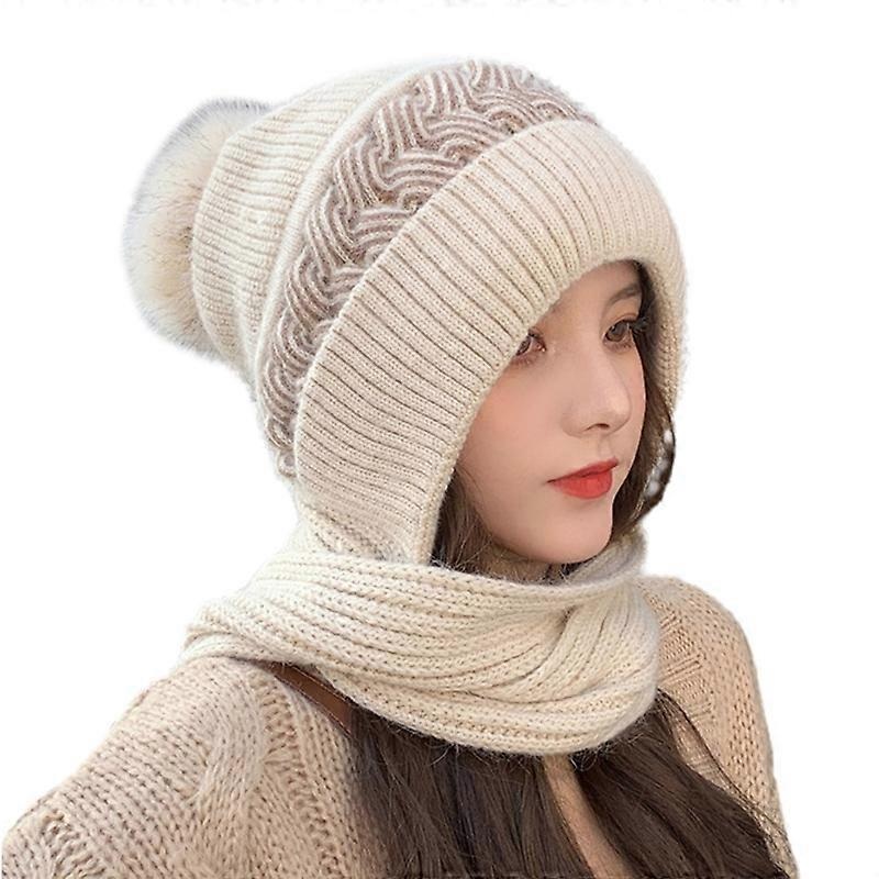 Plush Lining Thickened Hat Scarf Woolen Yarn Plush Ball Ear Protection Beanies Scarf Fashion Accessories | Fruugo SG