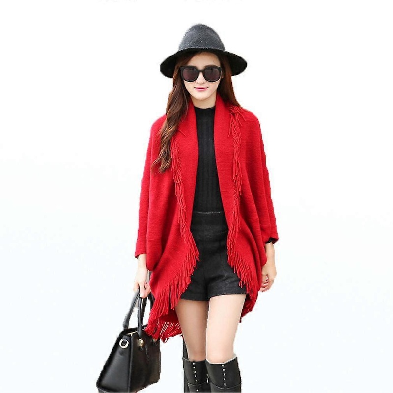 Red Poncho with Batwing Sleeve Thicken Warm Shawl Knitting Cardigant for Lady | Fruugo SG