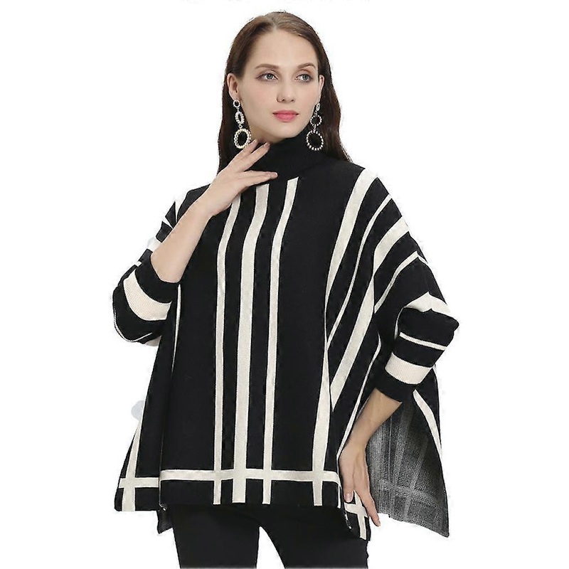 Black Stripes Turtleneck Pullover Wrap Shawl Loose Batwing Blouse Knitting Cape for Lady | Fruugo SG