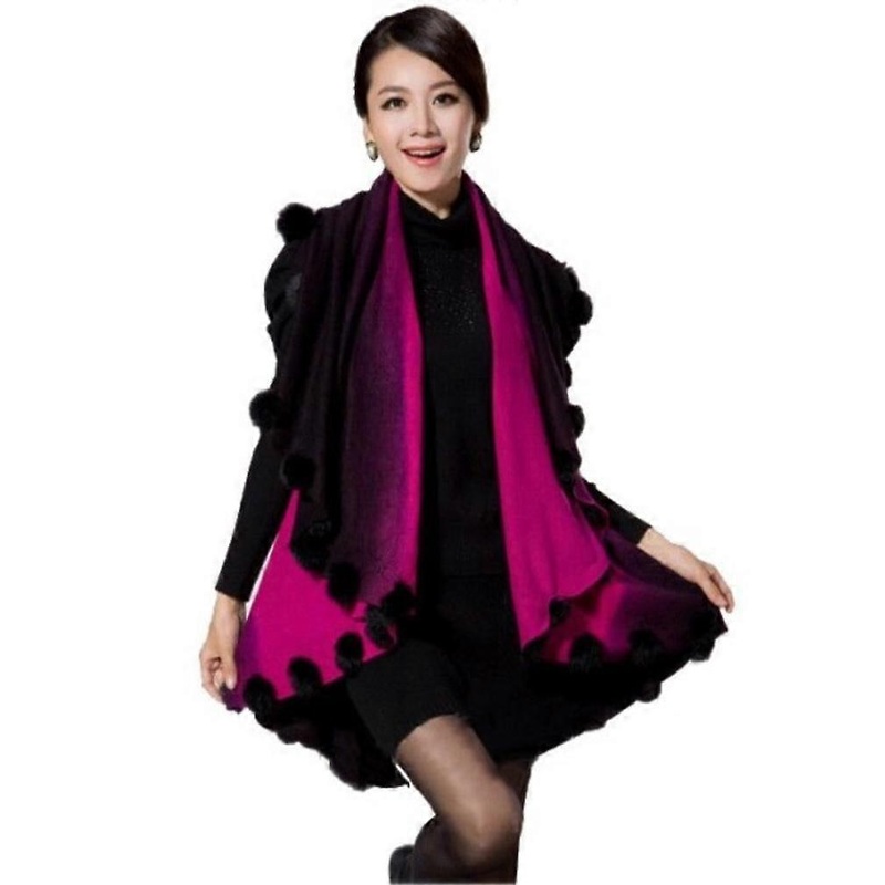 Dual Layer Shawls with Faux Fur Ball Trimming Gredient Cardigan Loose Cape for Lady | Fruugo SG