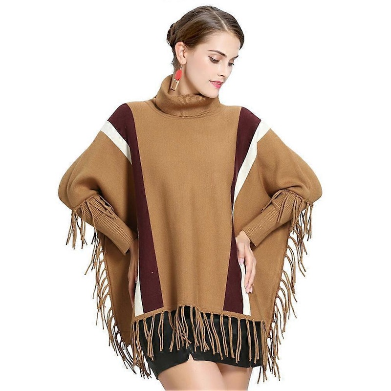 Loose Turtleneck Pullover Wrap Shawl Batwing Blouse with Tassel Knitting Cape for Lady | Fruugo SG