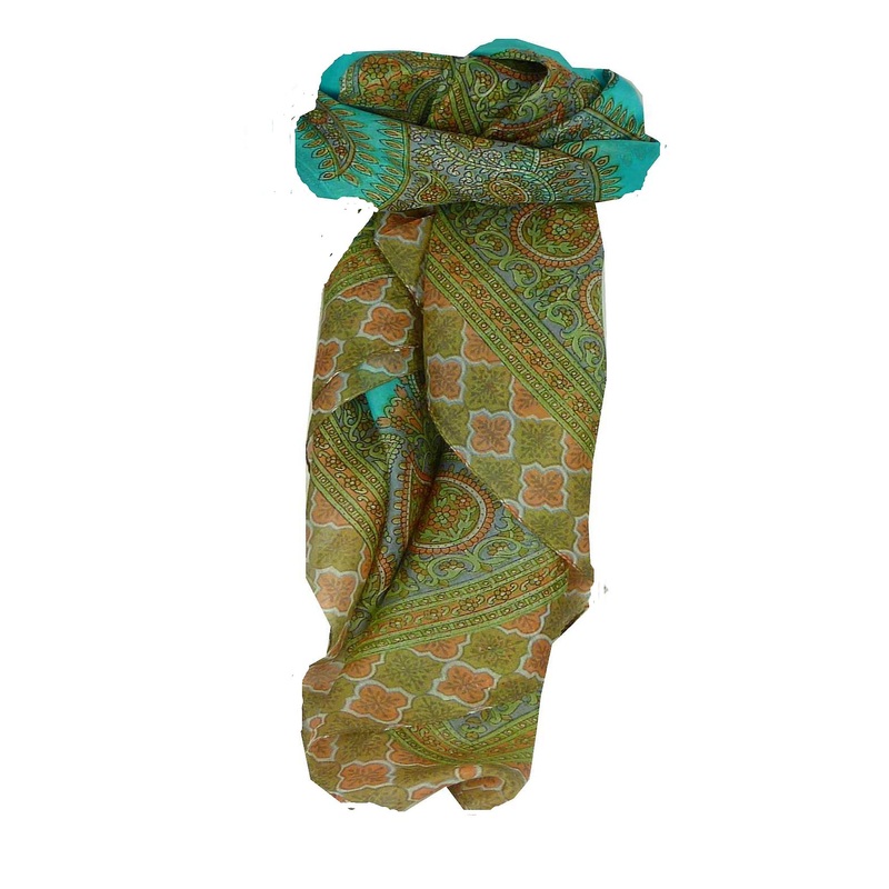 Mulberry Silk Traditional Square Scarf Salena Aquamarine & Nectarine by Pashmina & Silk | Fruugo SG