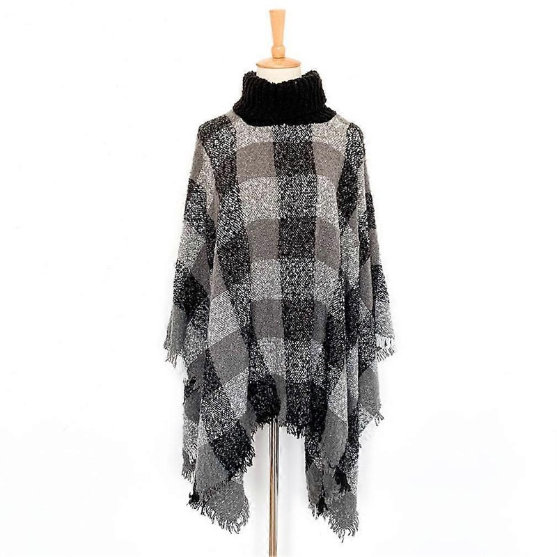 Plaid Turtleneck Pullover Wrap Shawl with Tassel Knitting Batwing Sleeve Cape for Lady | Fruugo SG