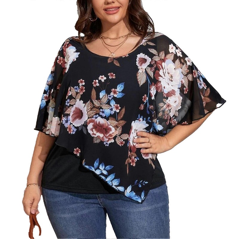 Print Casual Top Round Neck Asymmetrical Breathable Chiffon Shawl Blouse for Party Shopping Travel | Fruugo SG