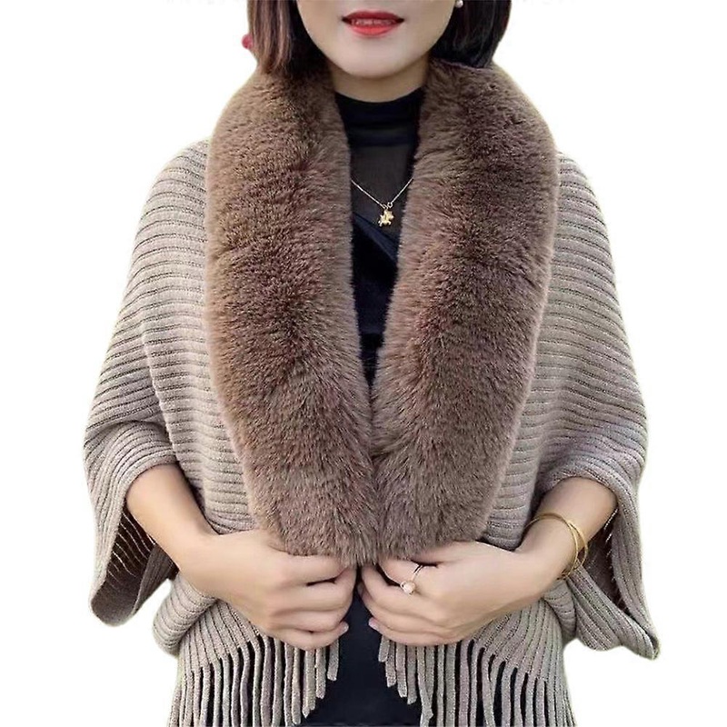 Womens Lady Luxury Faux Fur Collar Shawl Tassel Knitted Wrap Coat Outerwear Warm | Fruugo SG