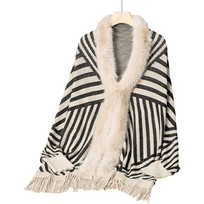 Open Front Furry Collar Cardigan Shrug Striped Knitted Batwing Sleeve Shawl Casual Loose Ponchos Capes Cloak for Women  Apricot | Fruugo SG