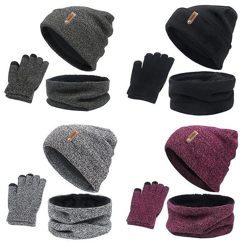 Unisex Beanies Hat Ring Scarf Gloves Set Winter Knitted Thick Warm Cap Women Men Solid Retro Beanie Hat Soft Touch Screen Gloves | Fruugo SG