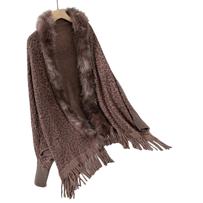 Autumn Knit Leopard Cardigan for Women Long Batwing Sleeve Loose Open Front Sweater Ponchos Furry Collar Shrug Shawl  khaki | Fruugo SG