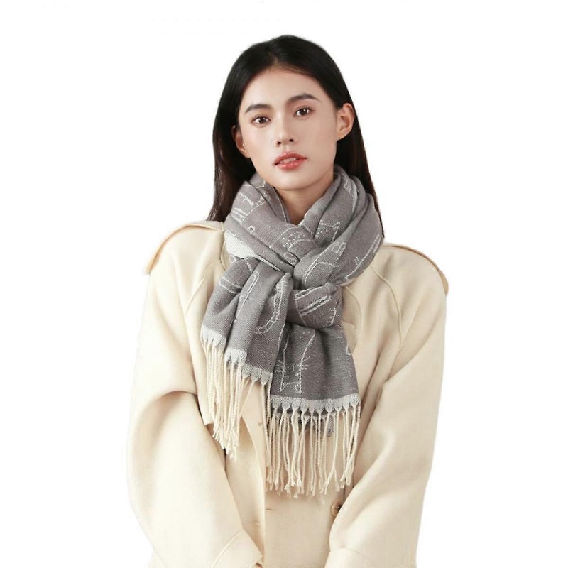 Fashion Women Polyester Neck Scarves Fall Winter Creative Cat Pattern Warm Shawl Wraps with TasselsGrey | Fruugo SG