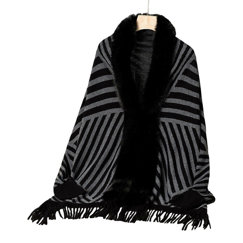 Batwing Sleeve Sweater Cardigan Striped Knit Shawl Shrug Furry Collar Open Front Tassels Loose Ponchos Cloak for Women  Black | Fruugo SG
