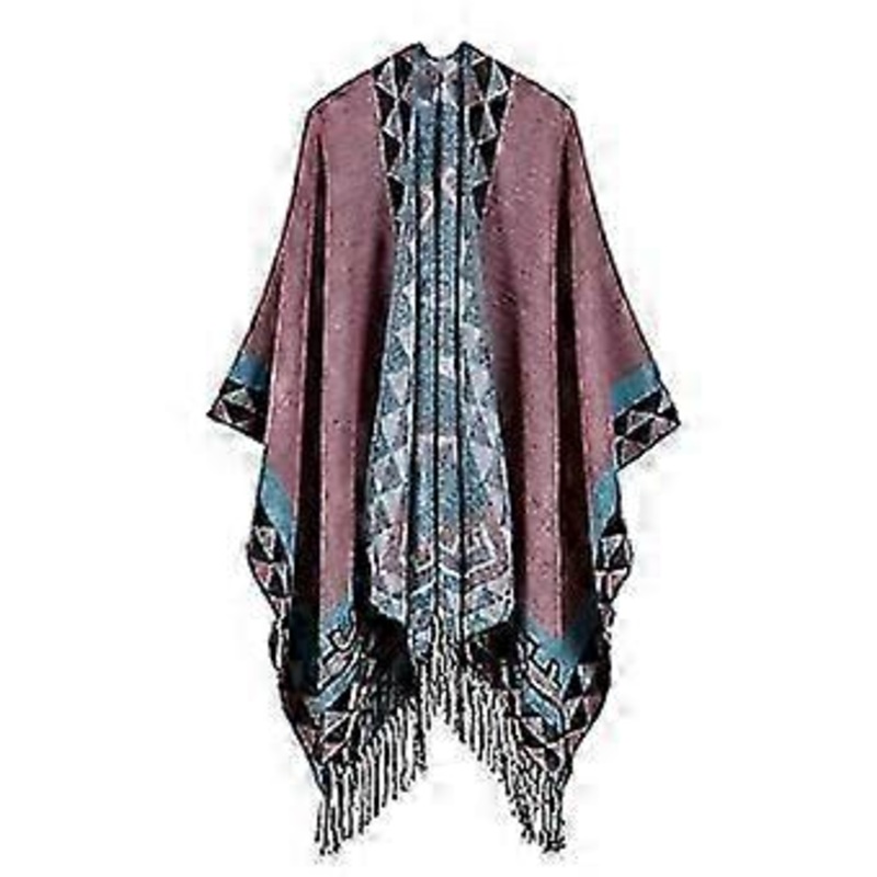 Fringed Hem Poncho Blanket Warm Shawl Wrap Cardigan Coat Cashmere Feel with Geometric Pattern for Lady | Fruugo SG