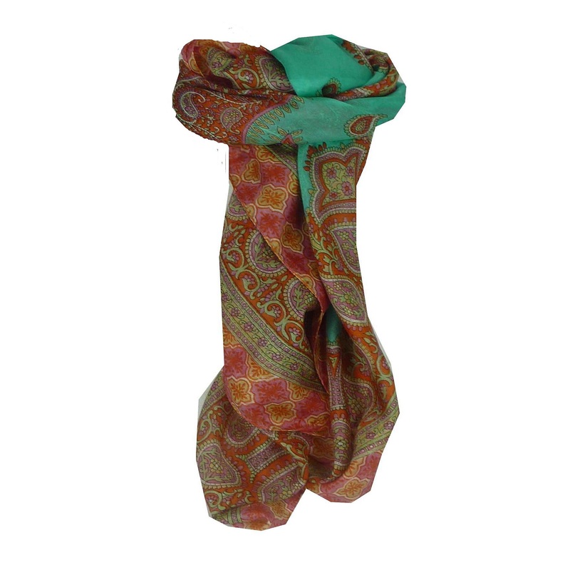 Mulberry Silk Traditional Square Scarf Salena Green & Nectarine by Pashmina & Silk | Fruugo SG