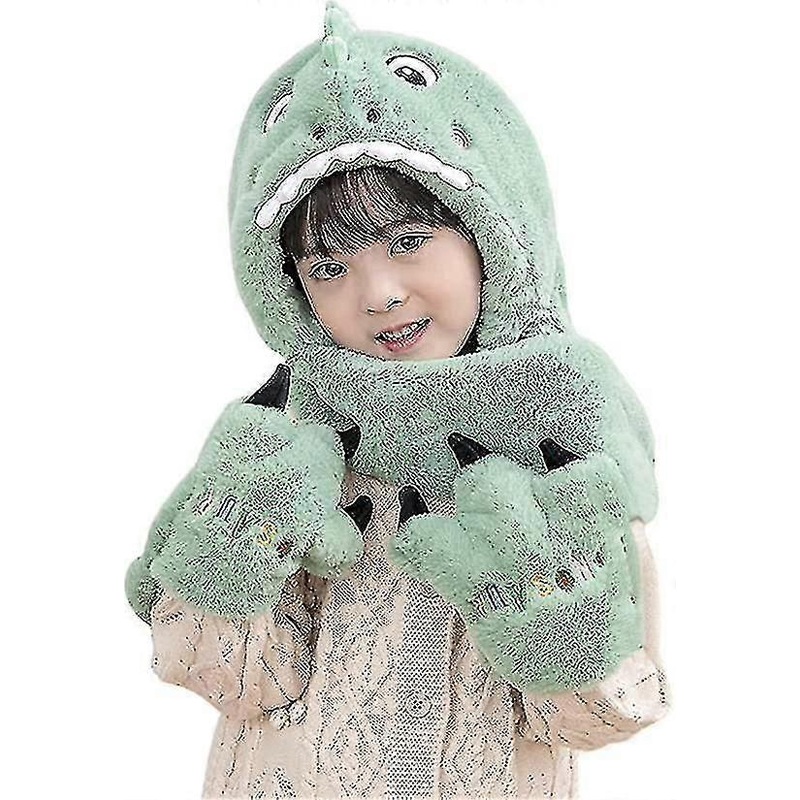 Kids Dinosaur Plush Hat Gloves Scarf 3 In 1 Set Girls Boys Winter Cute Warm Long Hoodie | Fruugo SG