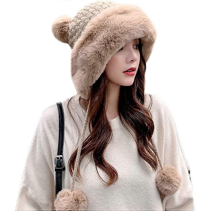 Fluffy Knit Beanie Hats for Women Winter Faux Fur Warm Knit Crochet Skull Cap with Pompom Outdoor Ear Cover Khaki – | Fruugo SG