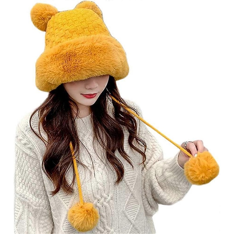 Fluffy Knit Beanie Hats for Women Winter Faux Fur Warm Knit Crochet Skull Cap with Pompom Outdoor Ear Cover Yellow – | Fruugo SG