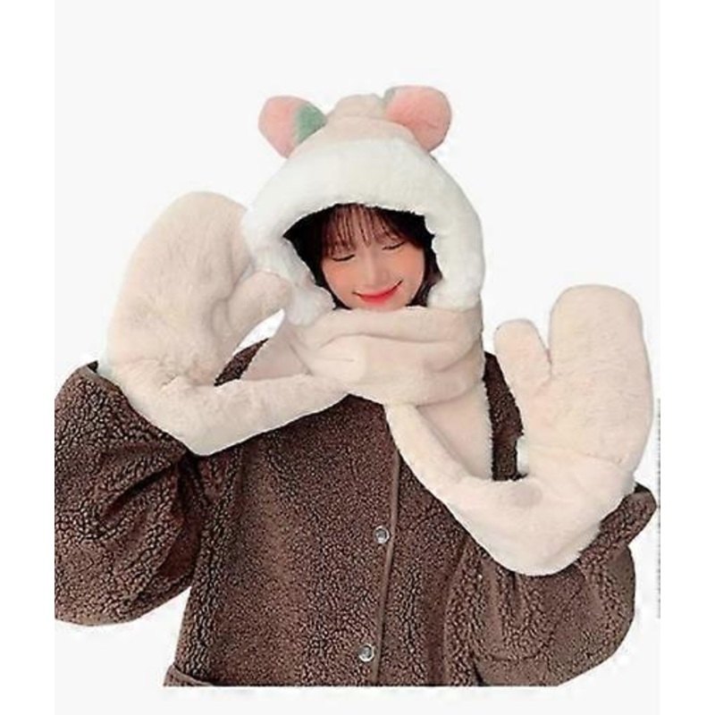 Outdoor creative gloves a girl finger cap plush warm three-five scarf thickened turban wool scarf beige peach | Fruugo SG