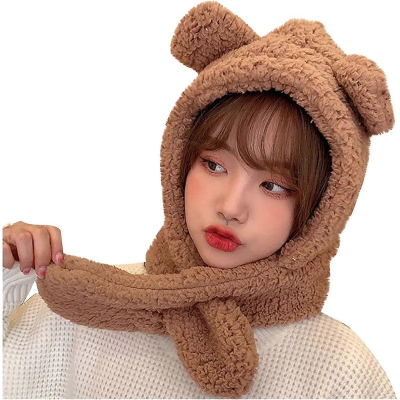 Winter Hats Bear Cap and Scarf 2 in 1 Cute Cartoon Thick Hat Protectors Warm Plush Hat Cap Women Girl Hat Brown One Size | Fruugo SG